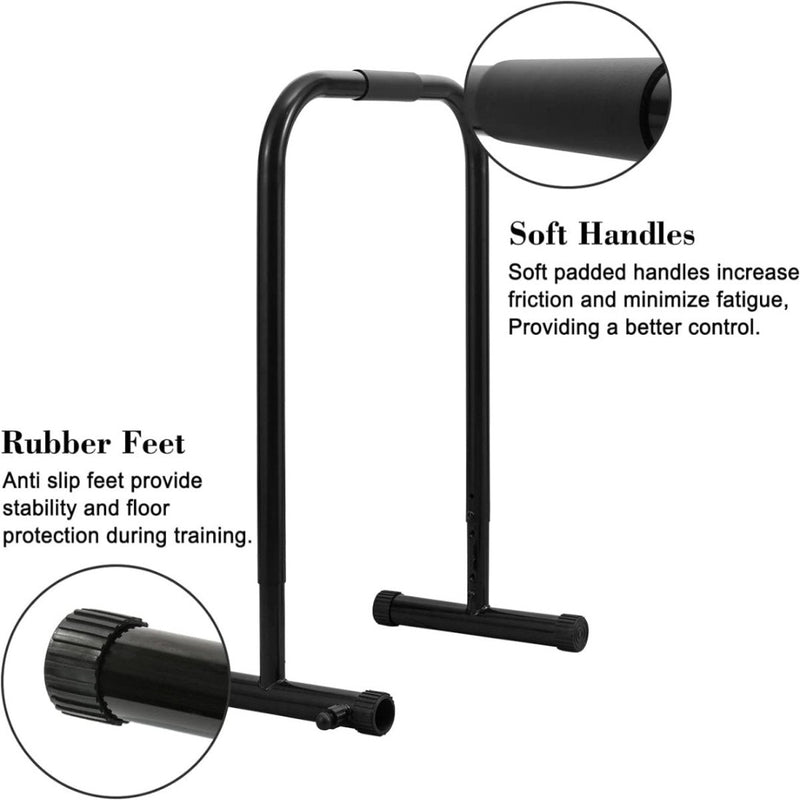 Laad afbeelding in Galerijviewer, Een zwart dipstation gemaakt van roestvrij staal, ontworpen om de conditie te verbeteren en spieren op te bouwen. Voorzien van zachte, gevoerde handgrepen en antislip rubberen voetjes voor meer stabiliteit en controle.

