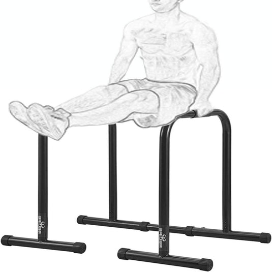 Illustratie van een persoon die een L-sit doet op het dipstation: Verbeter je conditie en bouw spieren op met dit multifunctionele dipstation, waarbij een kernkrachtoefening wordt benadrukt.