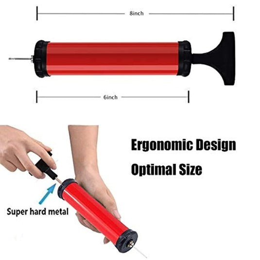 Afbeelding van de Geniet overal van je spel draagbare ballenpomp: een rode handpomp met een zwarte handgreep en sproeikop, 8 inch lang en met een 6-inch buis. Het heeft een 