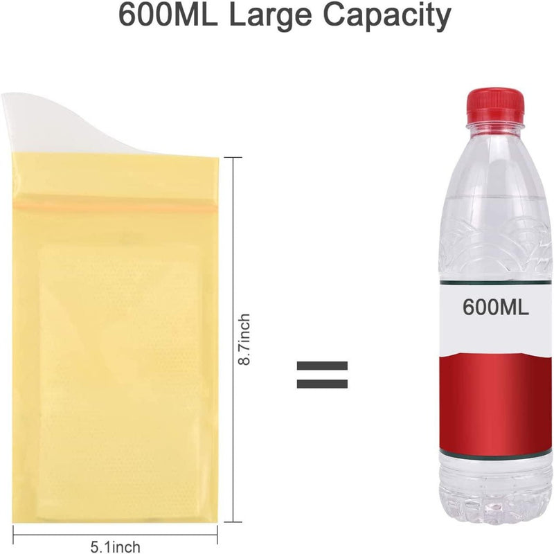 Laad afbeelding in Galerijviewer, De gele ritssluitingszak &quot;Nooit meer ongemakkelijke situaties&quot; (8,7&quot;x5,1&quot;) wordt getoond met een waterfles van 600 ml, wat de compacte draagbaarheid en gelijke volumecapaciteit laat zien - ideaal voor hygiënische toiletvoorzieningen voor onderweg!.
