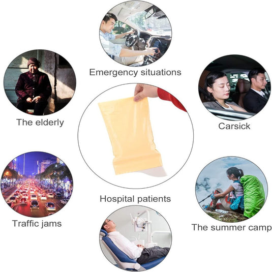 Er is een hand afgebeeld die een braakzak vasthoudt met labels: Noodsituaties, Wagenziek, Het zomerkamp, Ziekenhuispatiënten, Verkeersopstoppingen, Ouderen. Dit compacte product is essentieel voor ieder scenario's hygiënische toiletvoorzieningen: Nooit meer ongemakkelijke situaties: Wegwerpplaszakken voor ultieme hygiëne en gemak!.