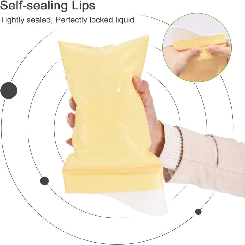 Laad afbeelding in Galerijviewer, Een persoon demonstreert het sluitproces van een gele, zelfsluitende vloeistofzak. Tekst: &quot;Zelfsluitende lippen: strak afgedicht, perfect gesloten.&quot; Ideaal voor compacte draagbaarheid en gemak voor onderweg. Zwarte cirkels op de achtergrond. Product: Nooit meer ongemakkelijke situaties - Wegwerpplaszakken!.
