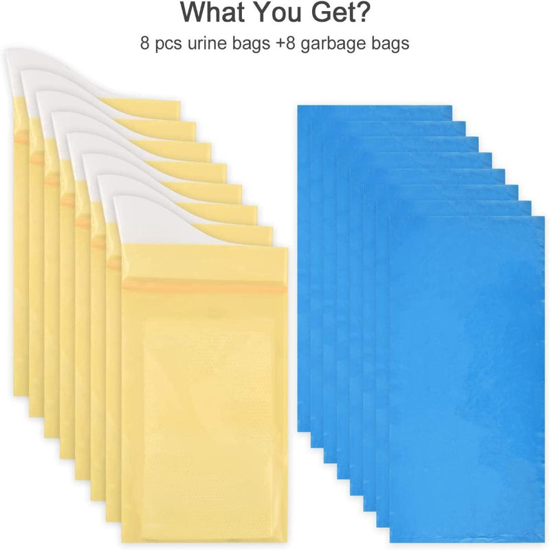 Laad afbeelding in Galerijviewer, Acht gele urinezakken en acht blauwe vuilniszakken zijn gerangschikt op een witte achtergrond met de tekst &quot;Wat krijg je? 8 stuks urinezakken + 8 garagezakken&quot; erboven. Perfect voor hygiënische toiletvoorzieningen, dit product biedt compacte draagbaarheid, waar u ook heen gaat. Product: Nooit meer ongemakkelijke situaties: Wegwerpplaszakken voor ultieme hygiëne en gemak!.
