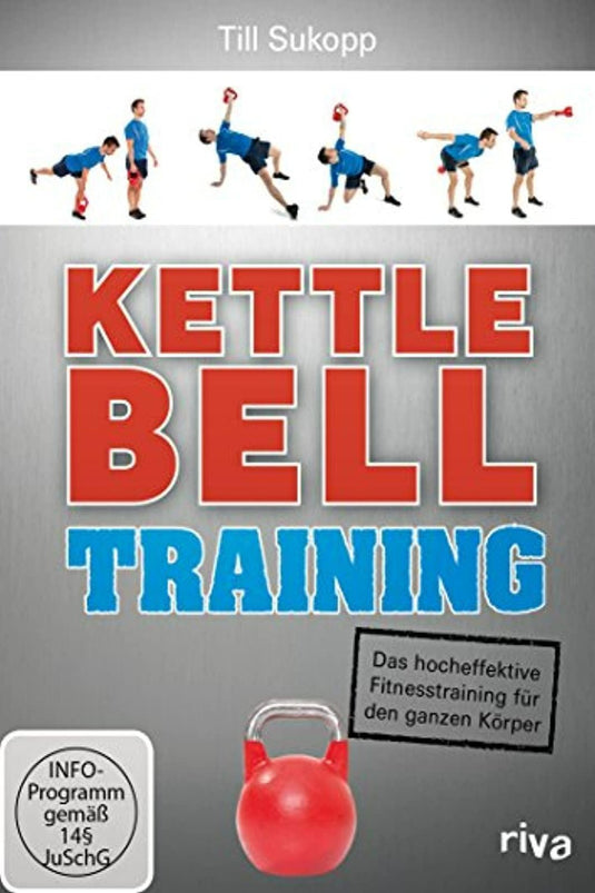 Cover van de dvd "Kettlebell-Training: Das hocheffektive Fitnesstraining für den ganzen Körper" van Till Sukopp, met oefenillustraties en een rode kettlebell. Text bevordert effectieve Ganzkörpertraining, waarbij Kraft en Ausdauer worden gecombineerd voor een optimale conditie van het hele lichaam.
