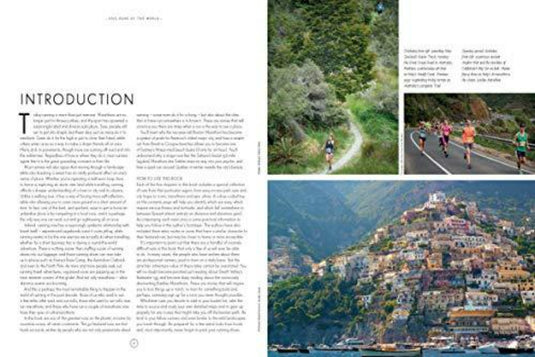Magazine lay-out met tekst en afbeeldingen. Links: Inleidend artikel over "Epic Runs of the World: Explore the World's Most Thrilling Running Routes and Trails." Rechtsboven: Mensen die buiten sporten op schilderachtige hardlooproutes. Rechtsonder: Kleurrijk heuvelachtig kustdorp, dat doet denken aan de reisgidsen van Lonely Planet.