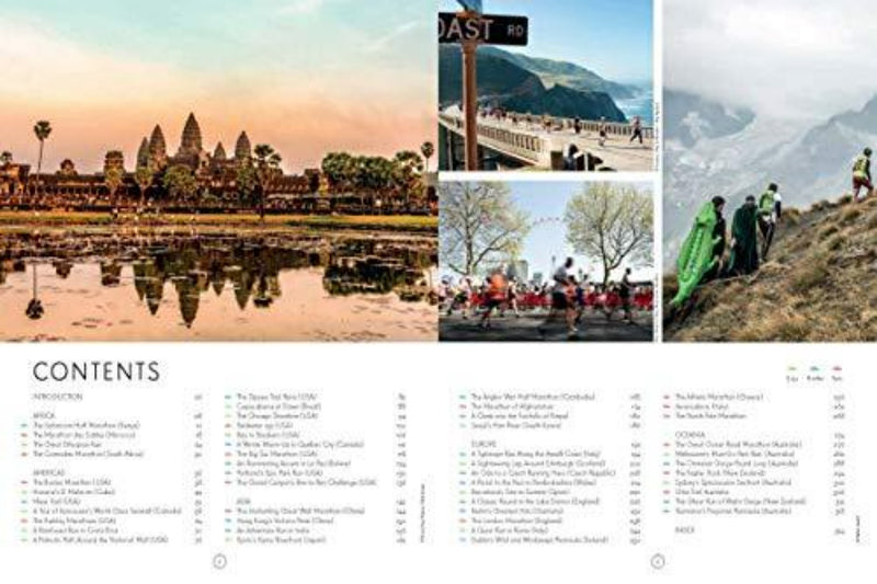 Laad afbeelding in Galerijviewer, Afbeelding van de inhoudspagina van een boek met een fotocollage van Angkor Wat, een kustweg, een parade en bergen. De inhoudsopgave bevat reisbestemmingen en epische runs van &quot;Epic Runs of the World&quot;, met spannende hardlooproutes geïnspireerd op Lonely Planet-routes.
