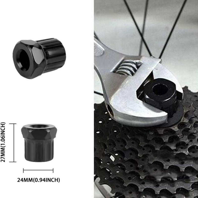 Laad afbeelding in Galerijviewer, De &quot;Fiets gereedschapketting set: alles wat je nodig hebt voor een soepele fietsrit&quot; bevat een zwarte fietsfreewheel-verwijderaar, die ook dienst doet als fietskettinggereedschap. Het wordt vastgehouden door een sleutel op een fietsversnelling, met afmetingen van 27 mm hoog en 24 mm in diameter.
