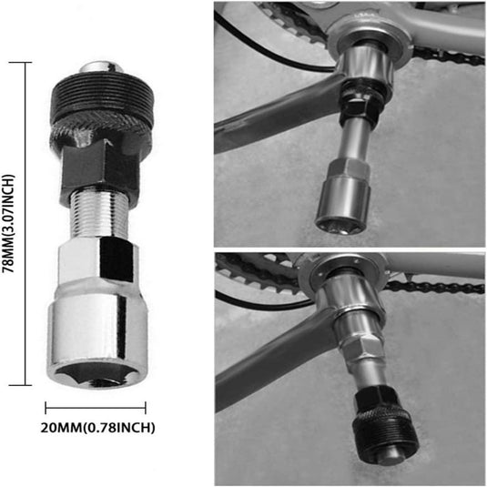 Het fietscranktrekkergereedschap, weergegeven in een gedetailleerde close-up, demonstreert het precieze gebruik ervan op een fietscrankstel, vergelijkbaar met hoe de "Fietsketting gereedschapset: alles wat je nodig hebt voor een soepele fietsrit" wordt gebruikt voor kettingonderhoud.