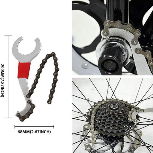 De Fietsketting gereedschapset is essentieel voor soepele fietstochten, met een kettingzweep en een borgringsleutel die op fietscassettes worden gebruikt. De lengte is 200 mm (7,87 inch) en de breedte is 68 mm (2,67 inch).