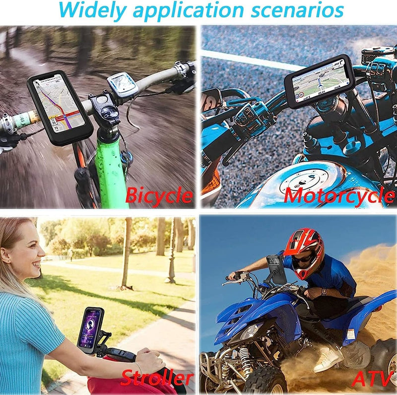 Laad afbeelding in Galerijviewer, Vier afbeeldingen tonen de schijnbaar mobiele telefoonhouder voor alle smartphones op de fiets, motor, kinderwagen en ATV. Elk apparaat toont een kaart- of app-scherm, wat de veelzijdigheid en universele compatibiliteit benadrukt. Geniet van een eenvoudige installatie voor naadloze integratie in elke omgeving.
