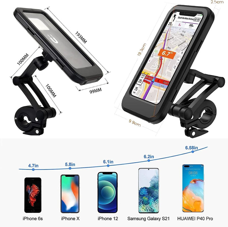 Laad afbeelding in Galerijviewer, De inclusief mobiele telefoonhouder voor alle smartphones beschikt over universele compatibiliteit voor apparaten als iPhone 6s, iPhone X, iPhone 12, Samsung Galaxy S21 en HUAWEI P40 Pro. Geniet van een eenvoudige installatie met gedetailleerde schuine weergaven en afmetingen voor een naadloze installatie tijdens uw ritten.

