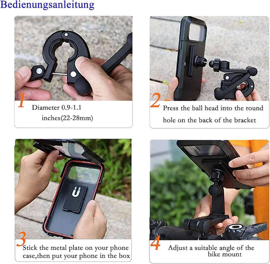 Instructies voor het monteren van uw telefoon: 1) Bevestig de 0,9-1,1 inch beugel, 2) Bevestig de kogelkop aan de houder, 3) Plaats de telefoonplaat in de waterdichte mobiele telefoonhouder voor alle smartphones, 4) Pas de hoek aan. Geniet van eenvoudige installatie en universele compatibiliteit voor alle ritten.