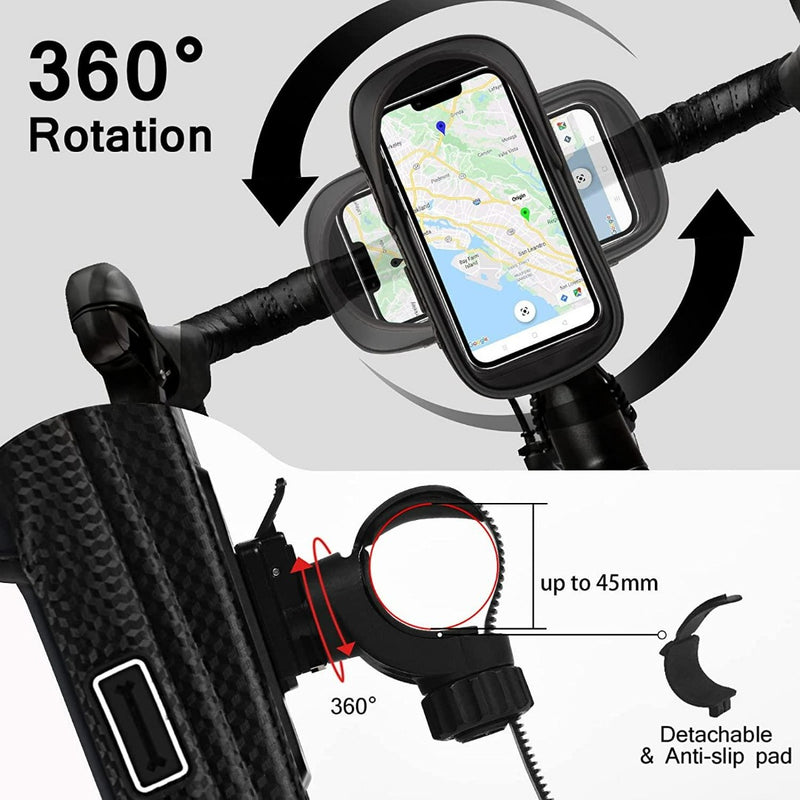 Laad afbeelding in Galerijviewer, De fietstelefoonhouder biedt 360 graden rotatie en veilige stuurbevestiging met een verstelbare klem en afneembare antislip pad. Het past op telefoons tot 7 inch en biedt optionele waterdichte bescherming.
