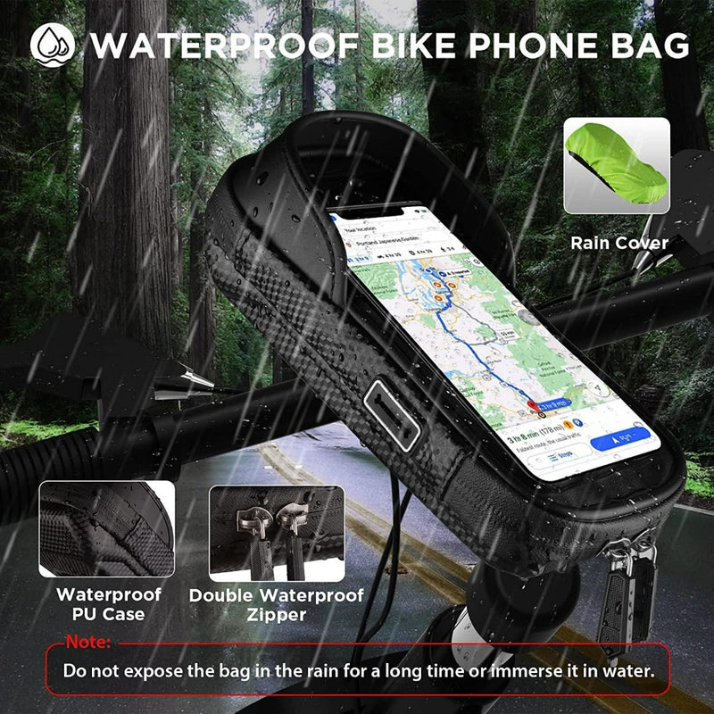 Laad afbeelding in Galerijviewer, De Fietstelefoonhouder is voorzien van een zwarte waterdichte fietstelefoontas met stuurbevestiging, kaartweergave, doorzichtige behuizing, dubbele waterdichte rits en groene regenhoes voor uitstekende bescherming. Voorzichtigheid is geboden bij langdurige blootstelling aan regen. Geschikt voor telefoons tot 7 inch.
