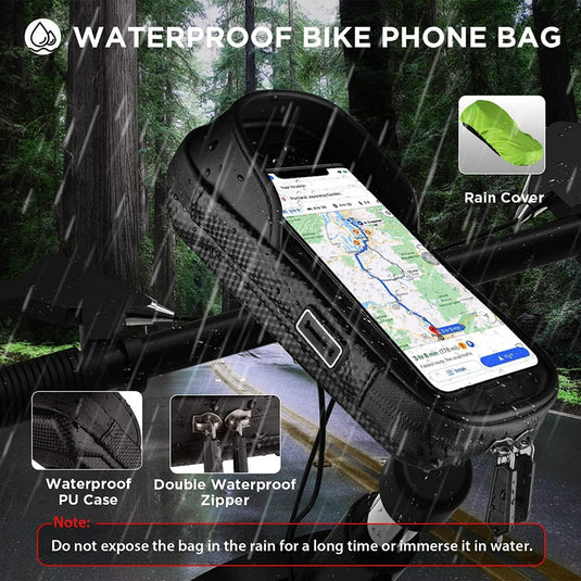 De Fietstelefoonhouder is voorzien van een zwarte waterdichte fietstelefoontas met stuurbevestiging, kaartweergave, doorzichtige behuizing, dubbele waterdichte rits en groene regenhoes voor uitstekende bescherming. Voorzichtigheid is geboden bij langdurige blootstelling aan regen. Geschikt voor telefoons tot 7 inch.