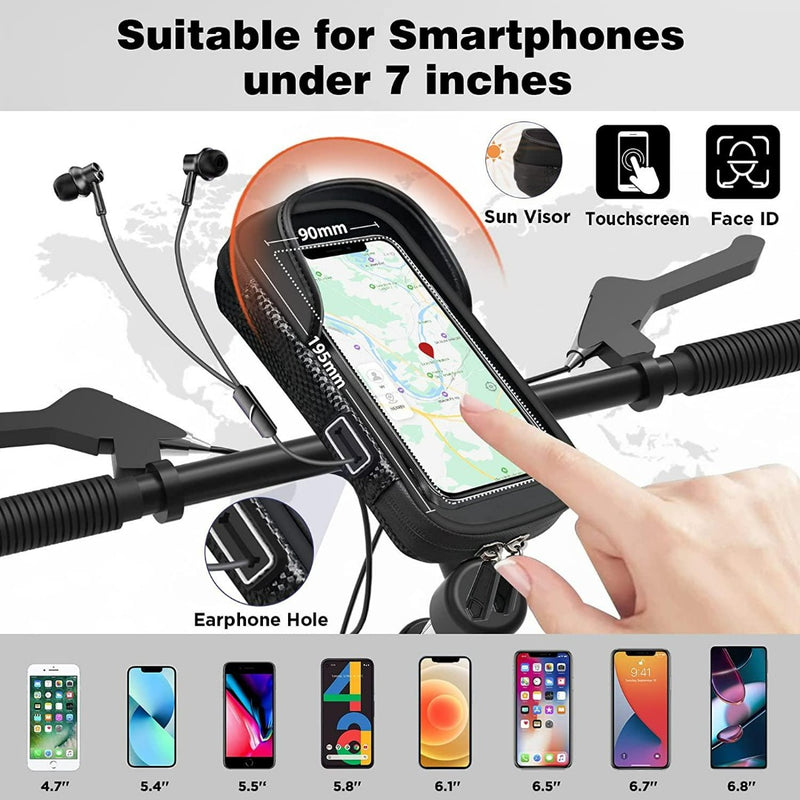 Laad afbeelding in Galerijviewer, De Fietstelefoonhouder met waterdichte bescherming en opbergruimte kan aan het stuur worden bevestigd, is geschikt voor telefoons tot 7 inch en beschikt over een zonneklep, touchscreen-compatibiliteit, Face ID-ondersteuning, een oortelefoonopening en weerbestendige bescherming voor alle omstandigheden.
