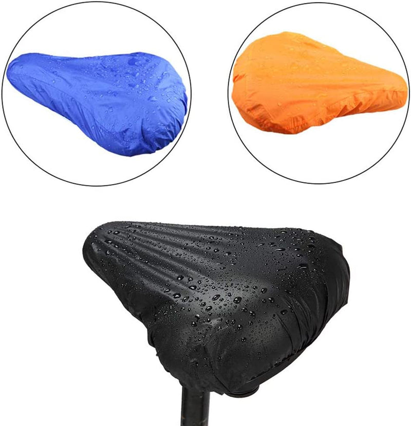Laad afbeelding in Galerijviewer, Fietszadelhoezen in zwart, blauw en oranje met waterdruppels tonen het &quot;Zadelhoes: Bescherm je zadel tegen weer, vuil en vuil&quot;, gemaakt van duurzaam materiaal.
