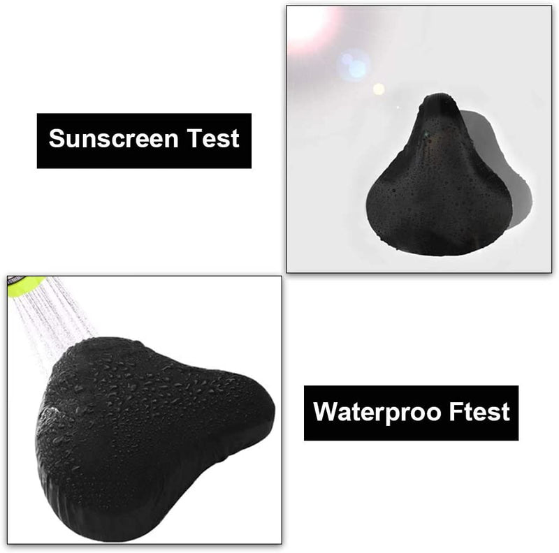 Laad afbeelding in Galerijviewer, Twee afbeeldingen van een zwarte fietszadelhoes: de bovenkant met het opschrift &quot;Sunscreen Test&quot; toont schittering van de zon, wat het beschermingszadel benadrukt; op de onderkant met het opschrift &quot;Waterproof Test&quot; is te zien dat er water afspat, wat de duurzaamheid ervan met duurzaam materiaal benadrukt. Product: Zadelhoes - Bescherm je zadel tegen weer, slijtage en vuil.
