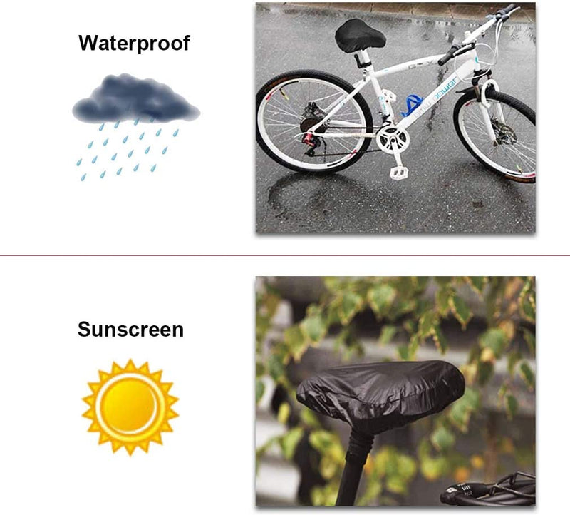 Laad afbeelding in Galerijviewer, Afbeelding van een witte fiets met een zadelhoes gemaakt van duurzaam materiaal. &#39;Waterproof&#39;, vergezeld van een regenwolkpictogram, staat bovenaan, terwijl &#39;Sunscreen&#39; met een zonnepictogram voor ultiem beschermingszadel onderaan staat. Product: Zadelhoes - Bescherm je zadel tegen weer, slijtage en vuil.
