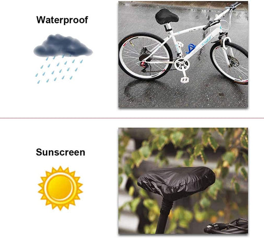 Afbeelding van een witte fiets met een zadelhoes gemaakt van duurzaam materiaal. 'Waterproof', vergezeld van een regenwolkpictogram, staat bovenaan, terwijl 'Sunscreen' met een zonnepictogram voor ultiem beschermingszadel onderaan staat. Product: Zadelhoes - Bescherm je zadel tegen weer, slijtage en vuil.