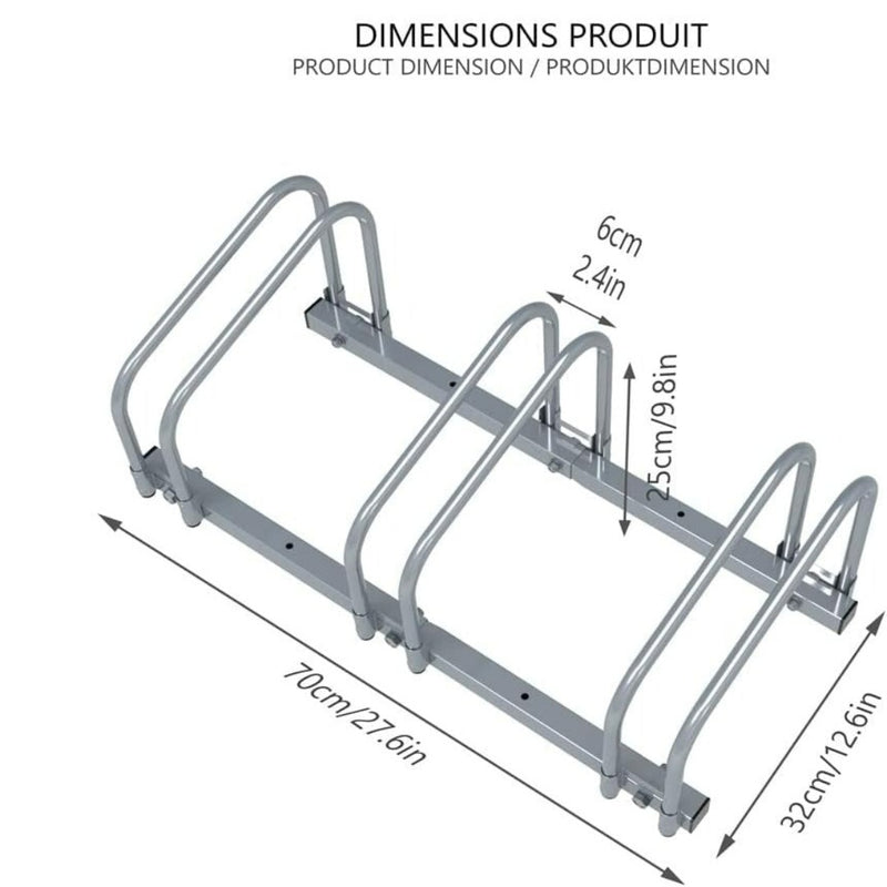 Laad afbeelding in Galerijviewer, Het Fietsenrek voor 3 of 4 fietsen, gemaakt van gegalvaniseerd staal, is 70 cm lang, 32 cm breed en 25 cm hoog met een spleetafstand van 6 cm, wat een effectieve ruimtebesparing oplevert voor fietsbehoeften binnen en buiten.
