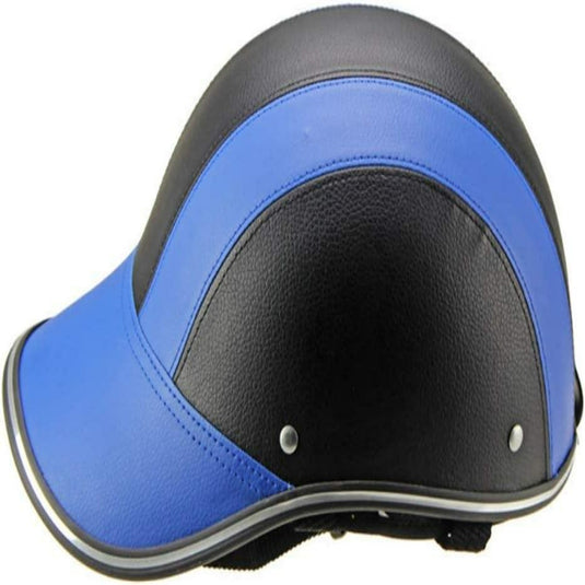 De "Stijlvol en veilig" fietshelm heeft een zwart-blauw design, een gebogen vorm met kleine zilveren klinknagels en een verstelbare kinband voor extra bescherming.