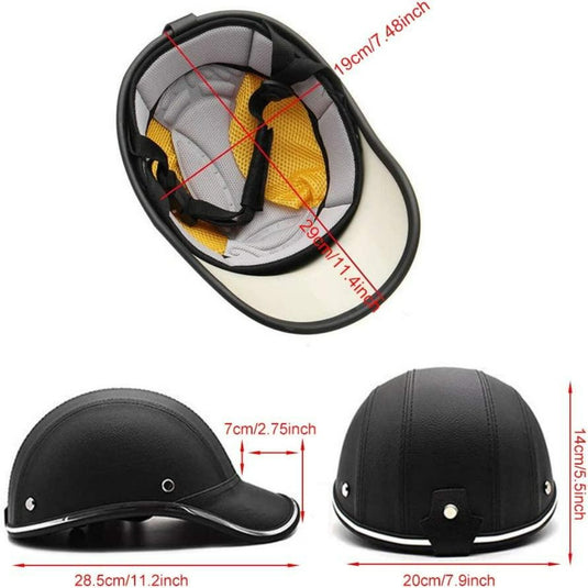De helm "Stijlvol en veilig" biedt stijl en bescherming met een binnenvoering en een verstelbare kinband voor een veilige pasvorm. De helm is 28,5 cm (L) x 20 cm (B) x 14 cm (H) groot, heeft een rand van 7 cm en biedt een zij- en bovenaanzicht.