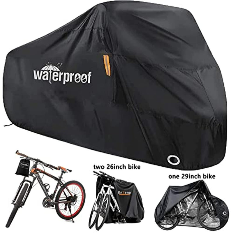 Laad afbeelding in Galerijviewer, Waterdicht en UV-bestendig, de zwarte Weerbestendige Fietshoes beschermt maximaal twee 26-inch fietsen of één 29-inch fiets. Bevat kleine afbeeldingen van onbedekte en bedekte fietsen voor optimaal weerbestendigheid.
