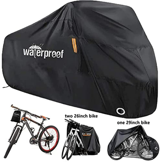 Waterdicht en UV-bestendig, de zwarte Weerbestendige Fietshoes beschermt maximaal twee 26-inch fietsen of één 29-inch fiets. Bevat kleine afbeeldingen van onbedekte en bedekte fietsen voor optimaal weerbestendigheid.