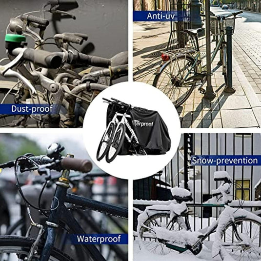 Collage met de "Weerbestendige fietshoes: Bescherm je fiets tegen alle weersomstandigheden", die de bescherming ervan tegen stof, UV-stralen, water en sneeuw demonstreert, met een centrale afbeelding die de hoes in actie benadrukt.