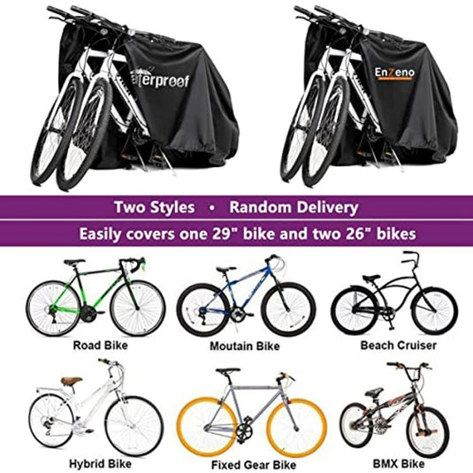 De "Weerbestendige fietshoes" beschermt twee fietsen tegen weersinvloeden en beschermt zes typen: racefiets, mountainbike, strandcruiser, hybride, fixed gear en BMX. Het is waterdicht en UV-bestendig voor ultieme duurzaamheid.