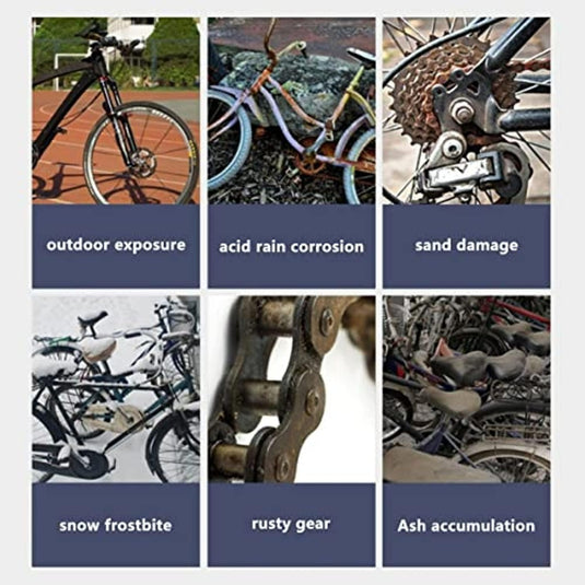 Collage van zes afbeeldingen die fietsschade laten zien: blootstelling aan de buitenlucht, corrosie door zure regen, zandschade, bevriezing van sneeuw, roestige uitrusting en asophoping. Gebruik de "Weerbestendige fietshoes: Bescherm je fiets tegen alle weersomstandigheden" om deze problemen te voorkomen en de duurzaamheid te garanderen.