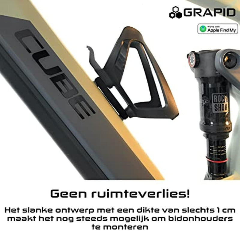 Laad afbeelding in Galerijviewer, Close-up van een Grapid fietsframe met ruimtebesparend ontwerp, bevestigde bidonhouder en achtervering. Het integreert een &quot;ultieme fietshouder AirTag diefstalbeveiliging&quot; voor verbeterde beveiliging en innovatie.

