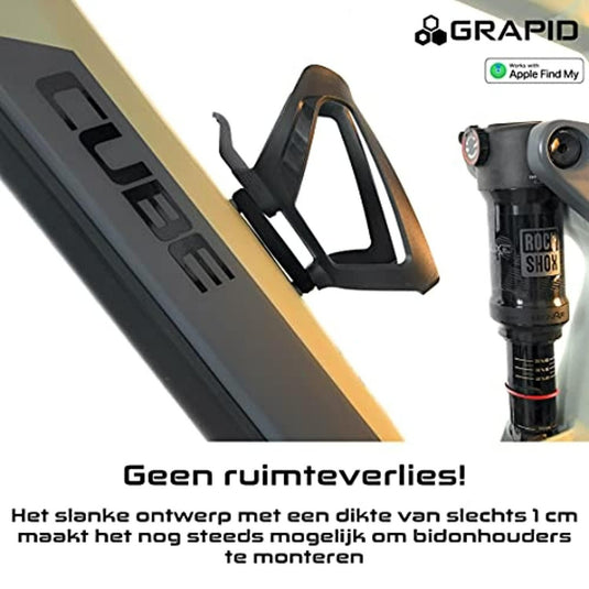 Close-up van een Grapid fietsframe met ruimtebesparend ontwerp, bevestigde bidonhouder en achtervering. Het integreert een "ultieme fietshouder AirTag diefstalbeveiliging" voor verbeterde beveiliging en innovatie.