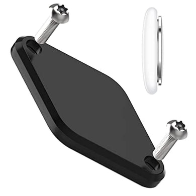 Bescherm je fiets met de ultieme fietshouder is een zwarte magnetische schijf met twee schroeven, aangevuld door een witte sleutelhangeraccessoire en AirTag-integratie voor extra diefstalbeveiliging.