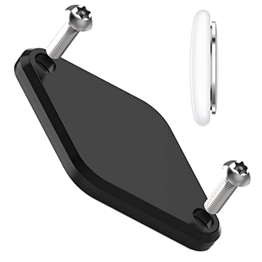 Bescherm je fiets met de ultieme fietshouder is een zwarte magnetische schijf met twee schroeven, aangevuld door een witte sleutelhangeraccessoire en AirTag-integratie voor extra diefstalbeveiliging.