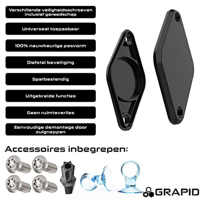 Laad afbeelding in Galerijviewer, Een zwart deurklinkdisplay presenteert de Bescherm je fiets met de ultieme fietshouder AirTag diefstalbeveiliging in het Nederlands, met de nadruk op accessoires zoals schroeven en zuignappen voor verbeterde veiligheid.
