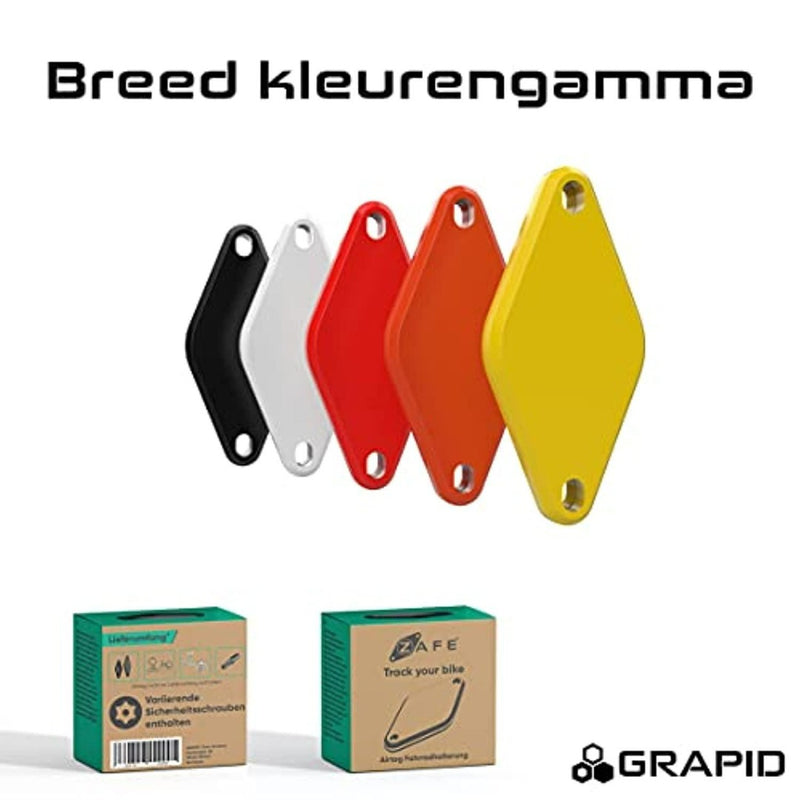 Laad afbeelding in Galerijviewer, Vijf levendige ruitvormige tags (zwart, wit, rood, oranje, geel) worden weergegeven boven twee kleine vakjes met de tekst &#39;Track your bike&#39;, met het GRAPID-logo. Perfect voor diefstalbeveiliging met de fietshouder van &quot;Bescherm je fiets met de ultieme fietshouder AirTag diefstalbeveiliging.
