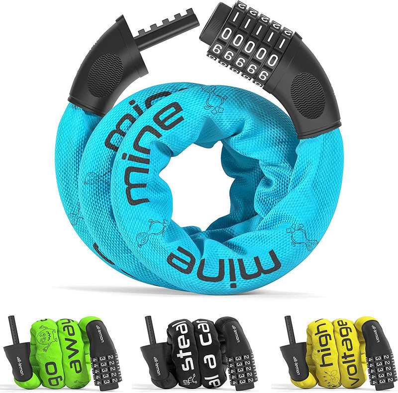 Laad afbeelding in Galerijviewer, Het Kettingslot: de ultieme bescherming voor je fiets beschikt over een combinatiekabelslot met blauw deksel en zwarte cijferwijzerplaten voor topbeveiliging, ook verkrijgbaar in groen, zwart en geel.
