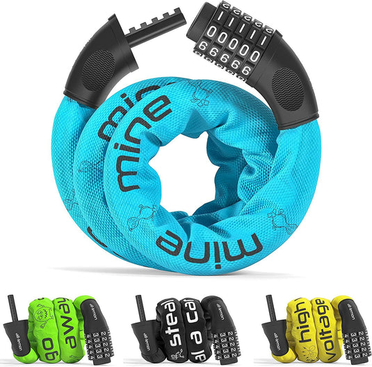 Het Kettingslot: de ultieme bescherming voor je fiets beschikt over een combinatiekabelslot met blauw deksel en zwarte cijferwijzerplaten voor topbeveiliging, ook verkrijgbaar in groen, zwart en geel.