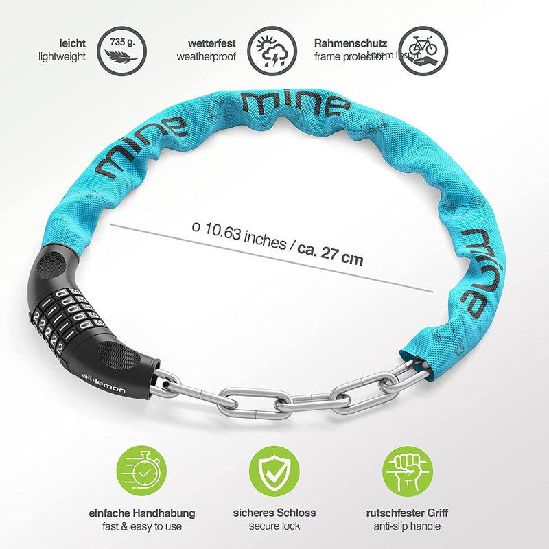 Laad afbeelding in Galerijviewer, Het &quot;Kettingslot: de ultieme bescherming voor je fiets&quot; is een turquoise fietsslot met een cijfercombinatiemechanisme en metalen ketting, die framebescherming, lichtgewicht ontwerp, weerbestendigheid, veilig slot en een antisliphandgreep biedt voor verbeterde beveiliging.
