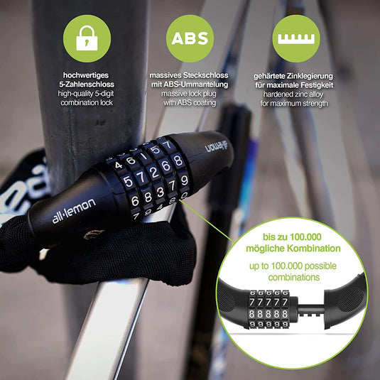 Het "Kettingslot: de ultieme bescherming voor je fiets" biedt topbeveiliging met zijn 5-cijferige combinatiefietsslot en ABS-coating, waardoor tot 100.000 mogelijke combinaties mogelijk zijn voor een hoge veiligheid op je fiets.