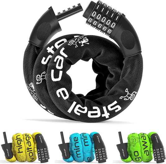 Een opgerolde combinatieslotkabel met het opschrift "steal", "Kettingslot: de ultieme bescherming voor je fiets", verkrijgbaar in de kleuren geel, blauw en groen, elk met een unieke tekst.