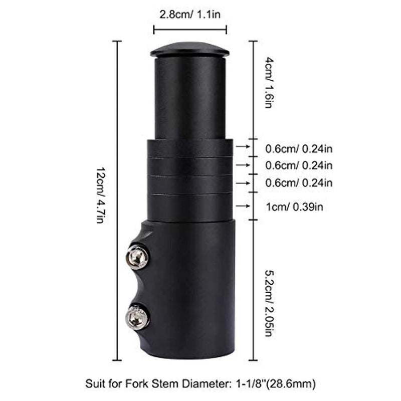 Laad afbeelding in Galerijviewer, De &quot;Verbeter je fietscomfort met de fiets stuurpen hoogteverhoger&quot; is een zwarte aluminium spike-verlenger, 12 cm hoog en 2,8 cm breed voor een diameter van 1-1/8 inch (28,6 mm), met twee bouten en gesegmenteerde secties voor extra stabiliteit.
