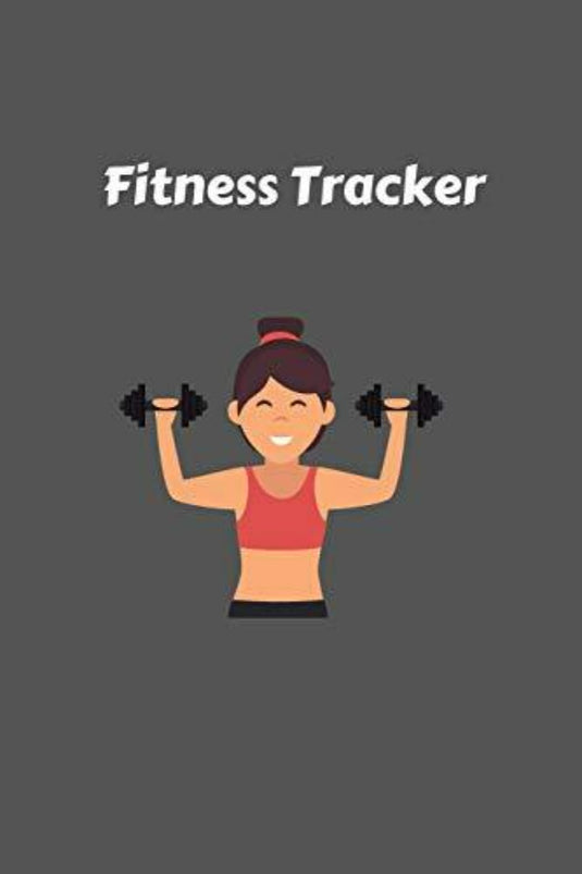 Illustratie van een fitnessfanaat in een rood topje die halters tilt, met daarboven elegant de tekst 