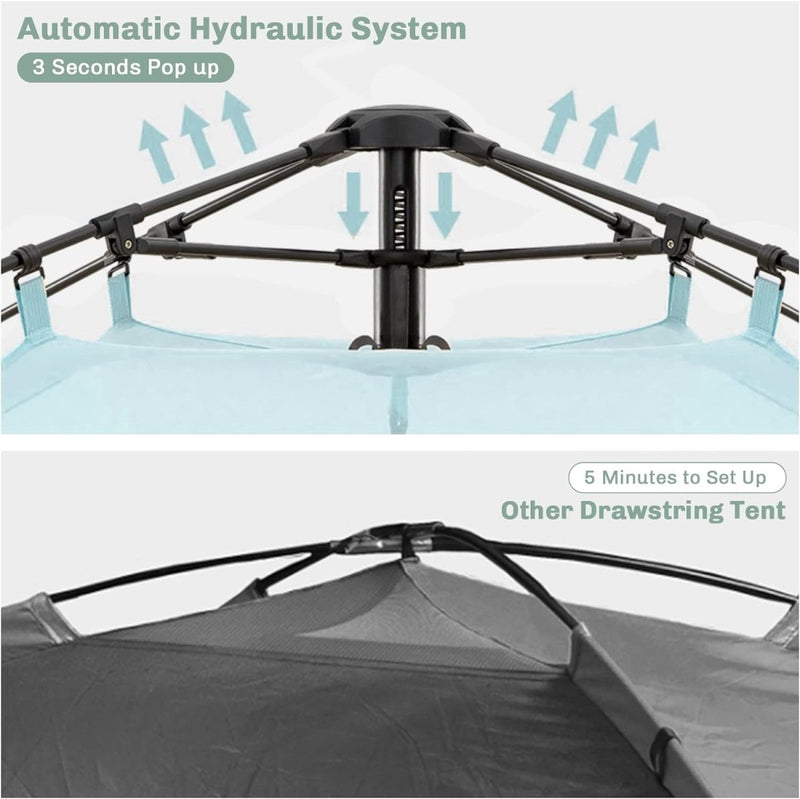 Laad afbeelding in Galerijviewer, Verbeter moeiteloos elke kampeerervaring met het automatische hydraulische systeem van de 4-persoons pop-up tent, die in slechts 3 seconden is opgezet in vergelijking met de 5 minuten durende opzet van een traditionele trekkoordtent. Dit water- en winddichte wonder garandeert ultiem gemak.
