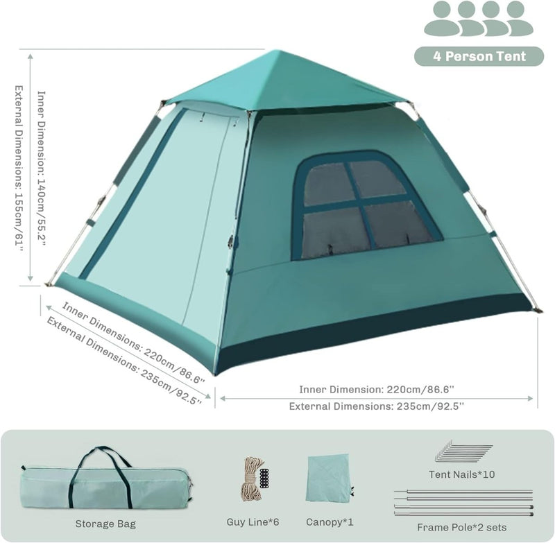 Laad afbeelding in Galerijviewer, Beleef een onvergetelijk kampeeravontuur met onze 4-persoons pop-up tent, met een binnenmaat van 220 cm x 220 cm en een buitenmaat van 235 cm x 235 cm. Hij is waterbestendig, winddicht en wordt geleverd met een opbergtas, scheerlijnen, luifel, framestokken en tentnagels voor eenvoudige installatie.
