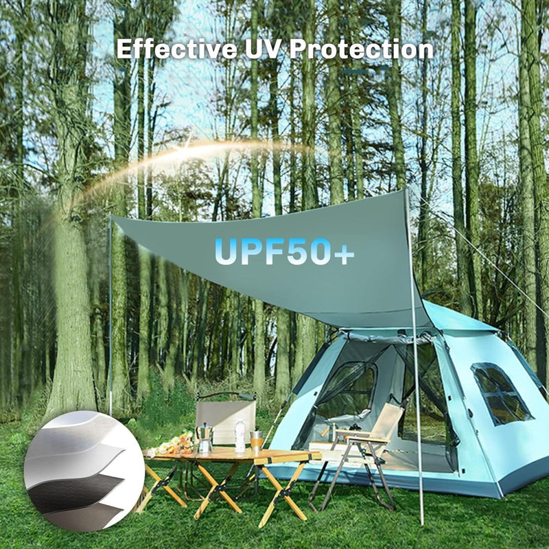 Laad afbeelding in Galerijviewer, In een bosrijke omgeving biedt de Geniet van een zonnige kampeerervaring met zonnescherm UPF 50+ effectieve UV-bescherming. In de buurt vindt u kampeerspullen, een tafel en stoelen. Geniet van een waterdicht en winddicht ontwerp voor een onvergetelijke reis!.
