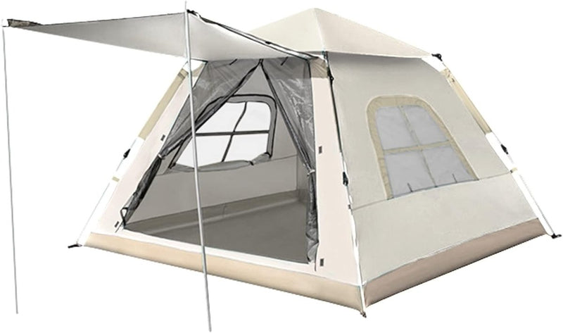 Laad afbeelding in Galerijviewer, De &quot;Geniet van een kampeerervaring met onze 4-persoons pop-up tent!&quot; in beige en grijs, inclusief een verlengde luifel aan de voorkant, meerdere ramen en een ingang met ritssluiting. Hij is waterdicht en winddicht, waardoor hij ideaal is voor avonturen in alle weersomstandigheden.
