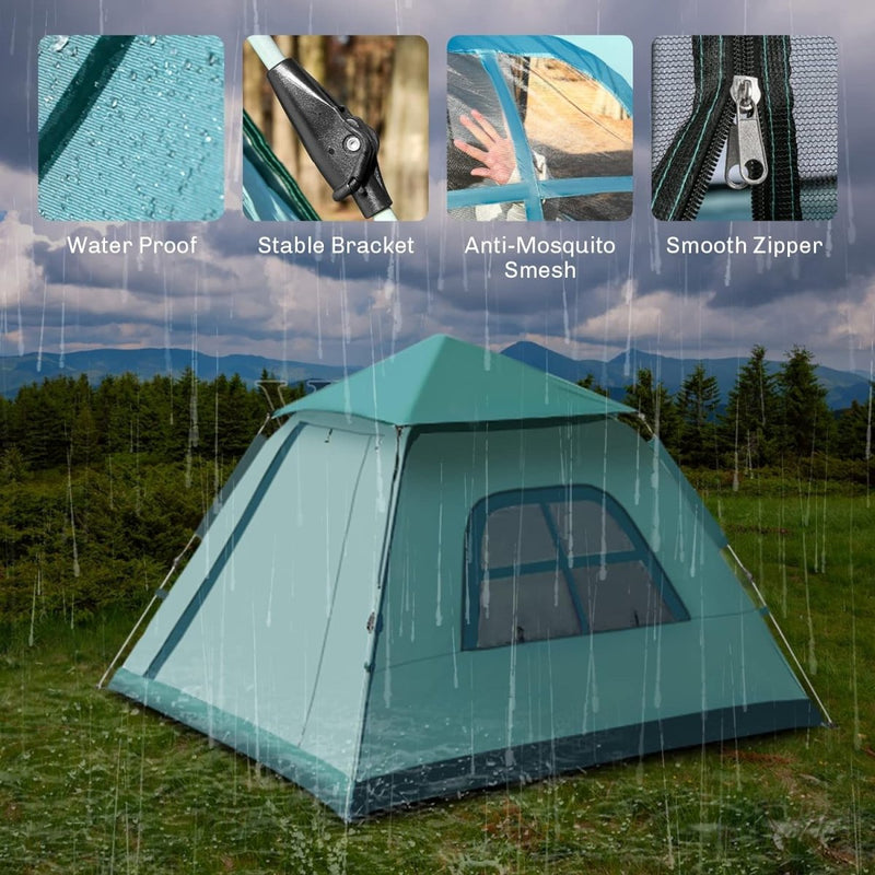 Laad afbeelding in Galerijviewer, De 4-persoons pop-up tent, genaamd &quot;Geniet van een kampeerervaring&quot;, staat op een regenachtig grasveld met daarachter bomen. Opvallende kenmerken zijn onder meer waterdicht en winddicht, een stabiele beugel, anti-muggengaas en een soepele ritssluiting voor een uitzonderlijke kampeerervaring.
